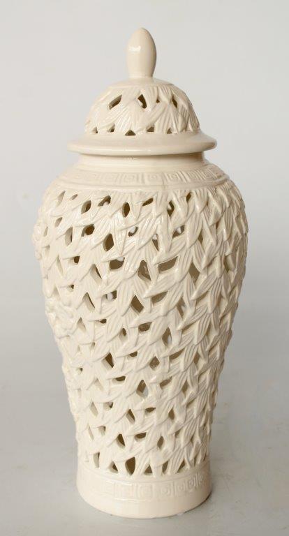 Tall White Flower Leaf Cut-Out Jar With Lid